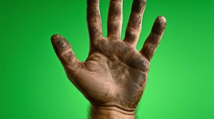 Dirty Muddy Worker Hand 3D Animation, Cinematic Front View, Palm Covered In Soil Trembling With Fatigue, Seamless Loop Poverty Concept Motio
