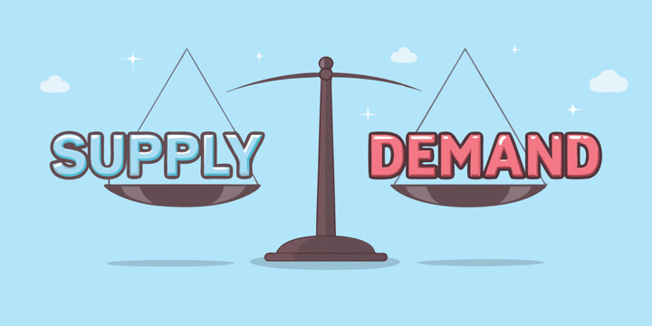 Supply and demand on scales economic balance illustration in cartoon style