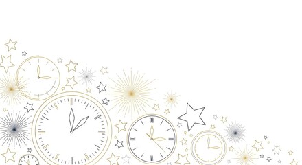 Delicate geometric countdown illustration with clocks, starbursts and fireworks lines in a minimalist hand-drawn style  spacious top negative space for headline.
