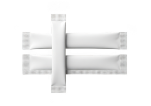 Four blank white sugar or sweetener stick packets arranged in a cross shape, isolated on transparent background