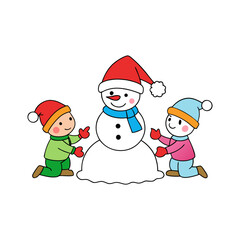 Two happy children wearing winter hats and colorful clothes kneeling down to build a snowman with a red hat and blue scarf, isolated on