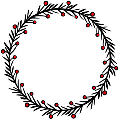 Detailed black and red illustration of a dense circular wreath made from pine or fir branches adorned with numerous small red berries, ideal for festive framing or seasonal design, isolated on