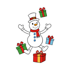 Joyful cartoon snowman wearing a top hat and red scarf, happily juggling or surrounded by colorful wrapped christmas gift boxes floating around him, isolated on