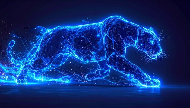  Neon Panther in Motion. A glowing, neon-blue panther sprints through a dark backgrou