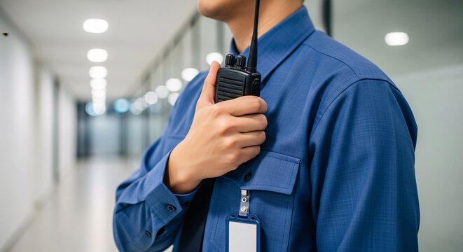 Male security guard in a blue uniform communicating on a walkie-talkie in a modern office hallway.