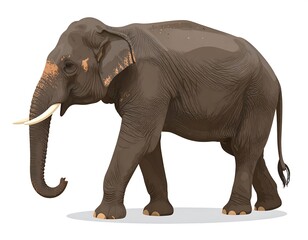 Fototapeta premium Digitally created illustration of a large elephant with brown skin, tusks, and large ears, walking leftward against a white background