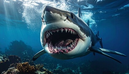 A close-up view of a shark with its mouth wide open. This image captures the fierce