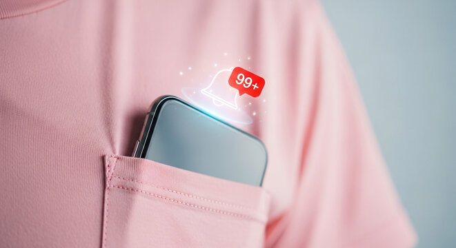 A smartphone in a pink shirt pocket showing a glowing red notification icon with over 99 alerts, symbolizing constant connectivity.