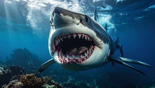 A close-up view of a shark with its mouth wide open. This image captures the fierce