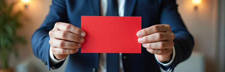 Man in blue suit holds red paper signifying loan denial or financial rejection. Card implies bad credit risk, debt problems, and funding issues.