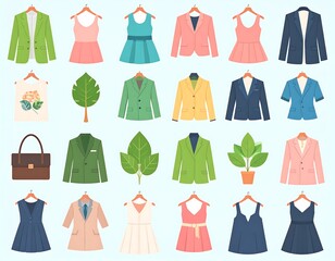 Flat vector illustration featuring diverse garments, including blazers, dresses, shirts, and accessories such as a purse and leaf elements