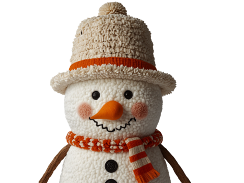 Cute Plush Snowman with Orange Scarf and Hat. Generative Ai