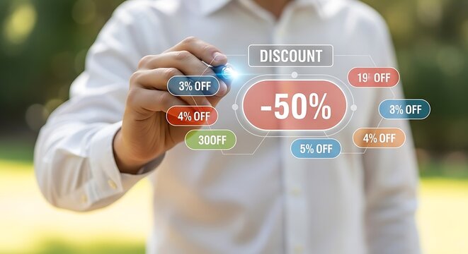Discount Promotion Concept with Person Pointing at Virtual Display.