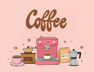 Coffee doodles of espresso machine, grinder, coffee cup, moka pot composition decorated with lettering quote for banners, prints, cards. EPS 10