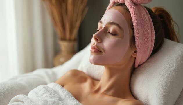 Woman relaxes with mask on face. She wears headband rests on soft pillow wrapped in white towel. Lady enjoys spa wellness at home self-care routine.