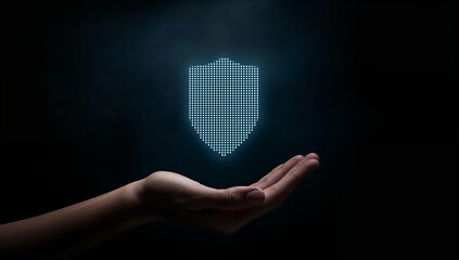 Cybersecurity protection concept with shield in hand, secure your digital assets with confidence and stay safe from online threats today, modern tech