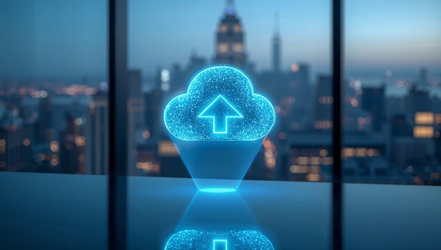 Modern cloud technology with a glowing neon interface over a vibrant cityscape symbolizing data storage, networking, and digital transformation