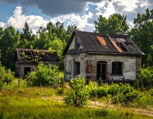 Obraz premium Two dilapidated rural houses stand abandoned amidst overgrown vegetation and trees.