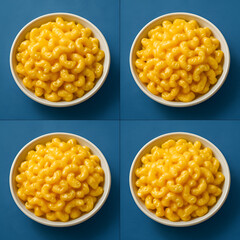 four Macaroni and cheese on Blue Background - Feels like an image inserted in a magazine