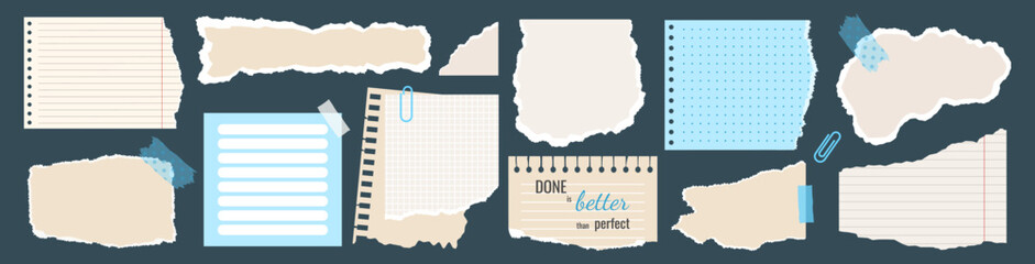 Torn paper pieces set, Paper notes, notebook sheets