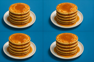 four Pancakes on Blue Background - Feels like an image inserted in a magazine