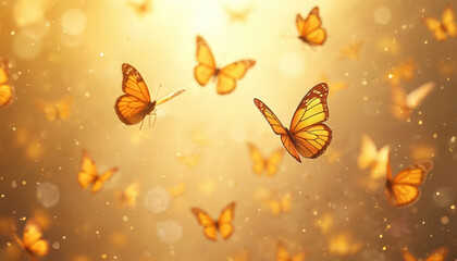Orange butterflies fly in golden light. Soft bokeh and shimmering particles create a magical atmosphere. Insects flutter in warm sunbeams during a beautiful day.
