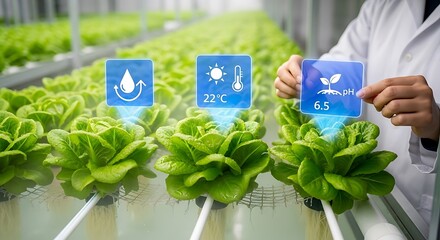 Smart Agriculture - Scientist Monitoring Hydroponic Lettuce with Digital Interface.