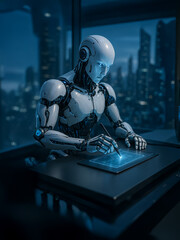 Futuristic humanoid robot working at a digital tablet in a high‑tech office overlooking a glowing cityscape, illuminated by cool blue lights and reflecting a sleek advanced technology atmosphere.