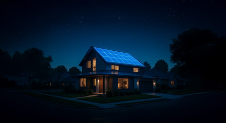 Nighttime view of contemporary home featuring a vivid blue solar roof beneath a star‑filled sky, highlighting smart energy solutions, modern architecture and environmentally conscious residential