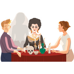 Medium conducts spiritual seance with two people at table with skull candles and ghost apparition in background full body isolated on transparent background