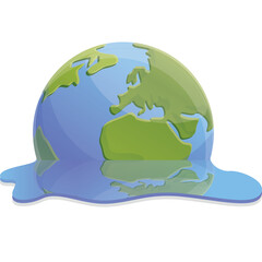 Melting Earth globe with continents green and blue reflecting in blue water on a transparent background representing global warming and climate change crisis with stylized illustration