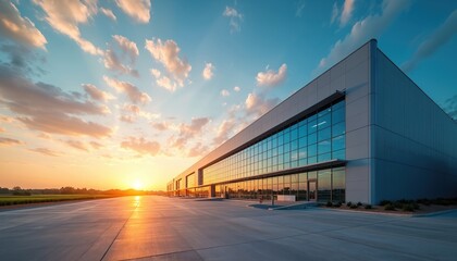 Fototapeta premium Modern logistic centre exterior at sunset, big distribution building with glass facade, large empty concrete area, transportation hub infrastructure, global trade.