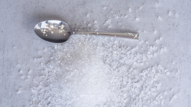 Shiny metal spoon with coarse salt on white isolated background. Generative AI - Powered by Adobe