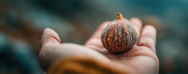 Hand holding a fresh fig with unique texture and colors, showcasing natural beauty and organic produce, perfect for healthy lifestyle and culinary themes