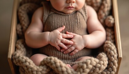 Close-up on infant hands resting gently on belly, suggesting a genetic trait like polydactyly. Baby sleeps peacefully in a knitted nest, a symbol of nurture and care amidst unique circumstances.