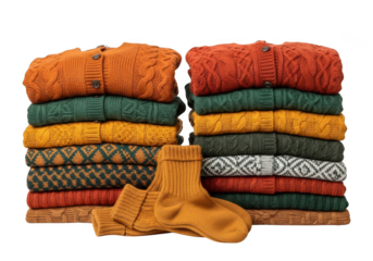 Two tall stacks of neatly folded, colorful, thick wool knit sweaters and a pair of matching socks, isolated on transparent background