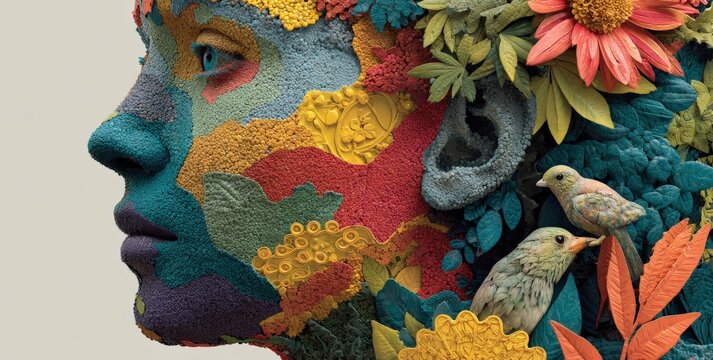 Colorful illustration of a human face adorned with vibrant flowers, leaves, and birds, showcasing a harmonious blend of nature and artistry in a surreal composition