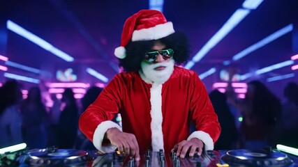 dj santa stands at the mixing desk in the club, making music santa with afro wig mixing at illuminated dj booth, funky costume and white beard under pulsing led lines, retro club silhouettes. - Powered by Adobe