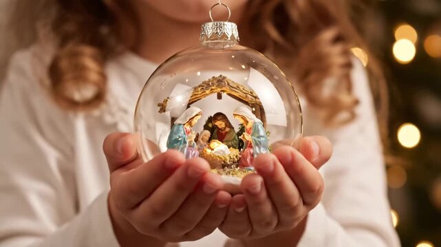 christmas nativity scene in glass christmas ball child offering glass nativity ornament closeup with curly hair and warm tree lights, hopeful portrait capturing holiday tradition and gentle curiosity.