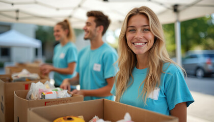 Volunteers in blue shirts smile while sorting food donations at an outdoor community event. People work together helping needy families with essential supplies and support.
