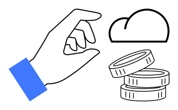 Hand picking coins, cloud above. Ideal for technology, finance, savings, investment, cloud computing, digital economy innovation. Simple flat metaphor promoting futuristic trends