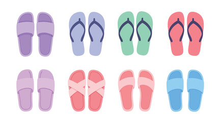 Colorful collection of summer flip flops arranged in neat rows overhead