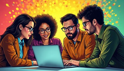 Diverse team collaborates on laptop project, sharing ideas and insights. Professionals work together in bright office space, discussing strategy and planning future tasks.