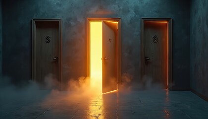 Fototapeta premium Three wooden doors stand in dimly lit corridor. One door opens to bright yellow light, with smoke swirling around base. Another door orange glow outlining frame. Third door closed. Scene evokes