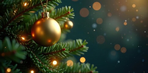 Closeup of glittering Christmas tree branch with golden bauble, gold, christmas, lights