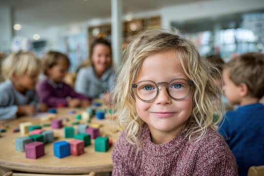 Young girl with curly hair and glasses smiles at the camera while playing with colorful building blocks at a bright, cheerful classroom with other children in the background