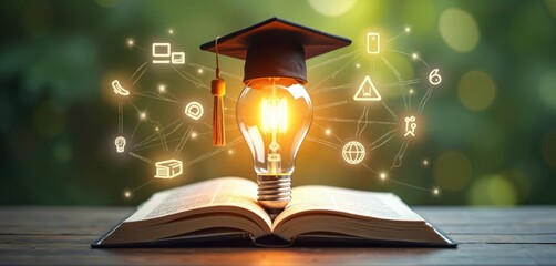 Glowing lightbulb with graduation cap on open book, surrounded by digital learning icons. Represents online education, knowledge acquisition, and degree achievement.