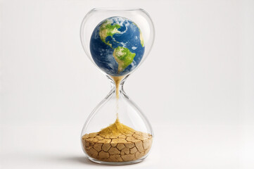 Hourglass with Earth above cracked ground, environmental concept, AI-generated