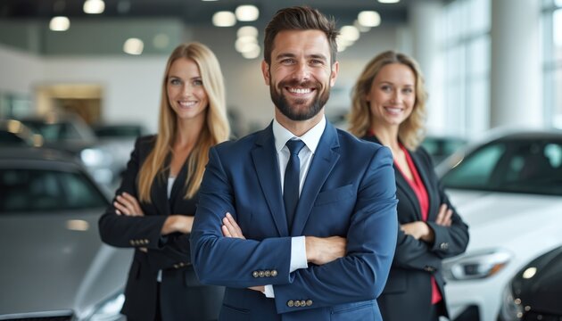Man and two women in suits stand arms crossed in car showroom. They smile confidently near new vehicles. Pro sales team ready for client service.