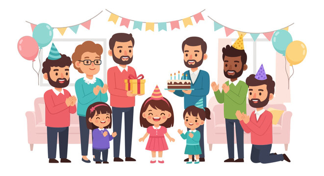 A large, joyful multi-generational family celebrating a little girl's birthday party with cake and gifts